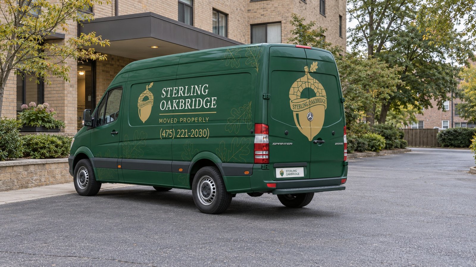 Resolve the working position A complete green company Mercedes Sprinter standing in an ordinary paved private delivery court.