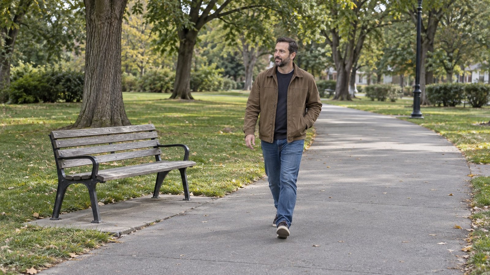 A resident walking on a broad paved park path near a simple bench.