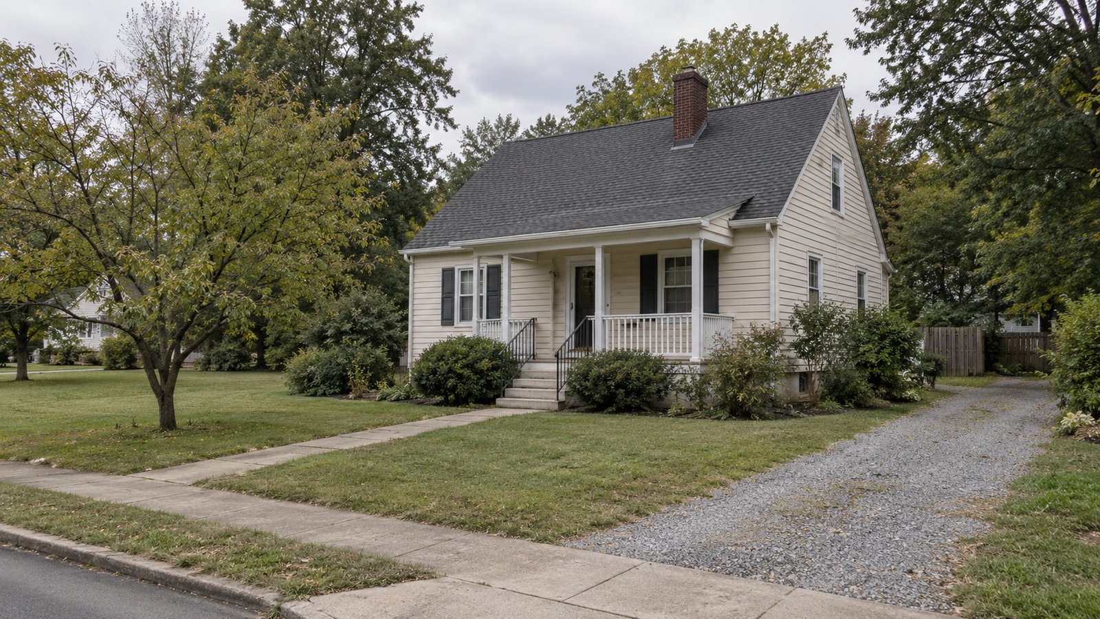 See the home and receiving approach A complete modest cream-sided home with a low porch and a continuous concrete approach.