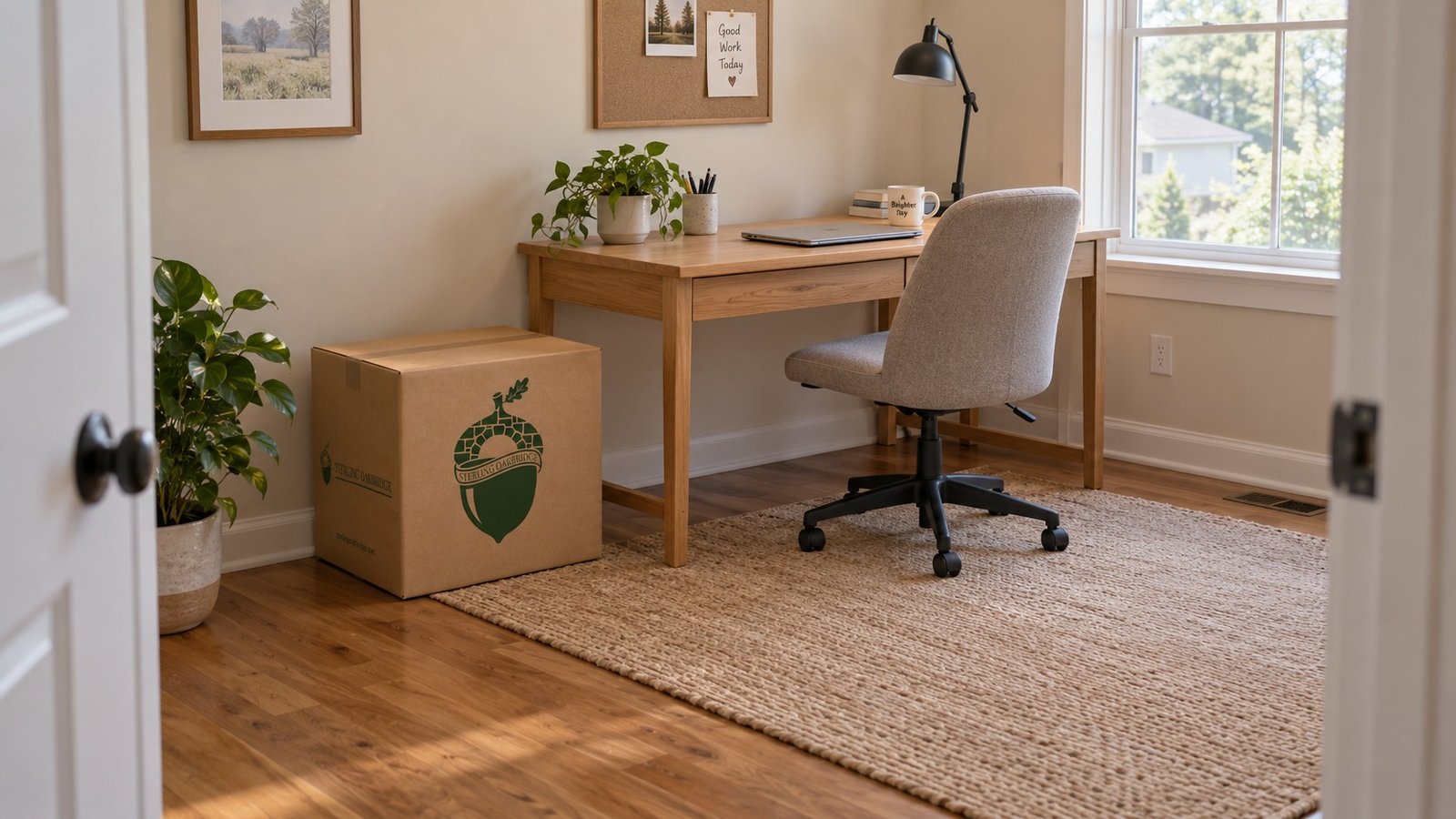 An ordinary home workspace with a desk, chair and a kraft Medium carton outside the passage.