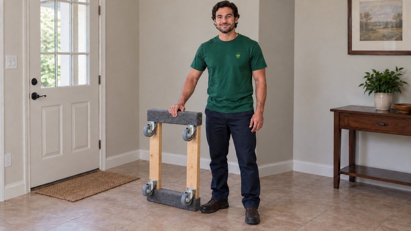 Check the equipment before handling A male company mover checking a compact unloaded wooden furniture dolly on a level floor.