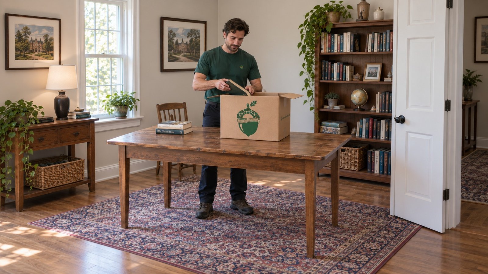 Prepare one clear packing task A male company mover preparing ordinary books in a small kraft Book Box on a worktable.