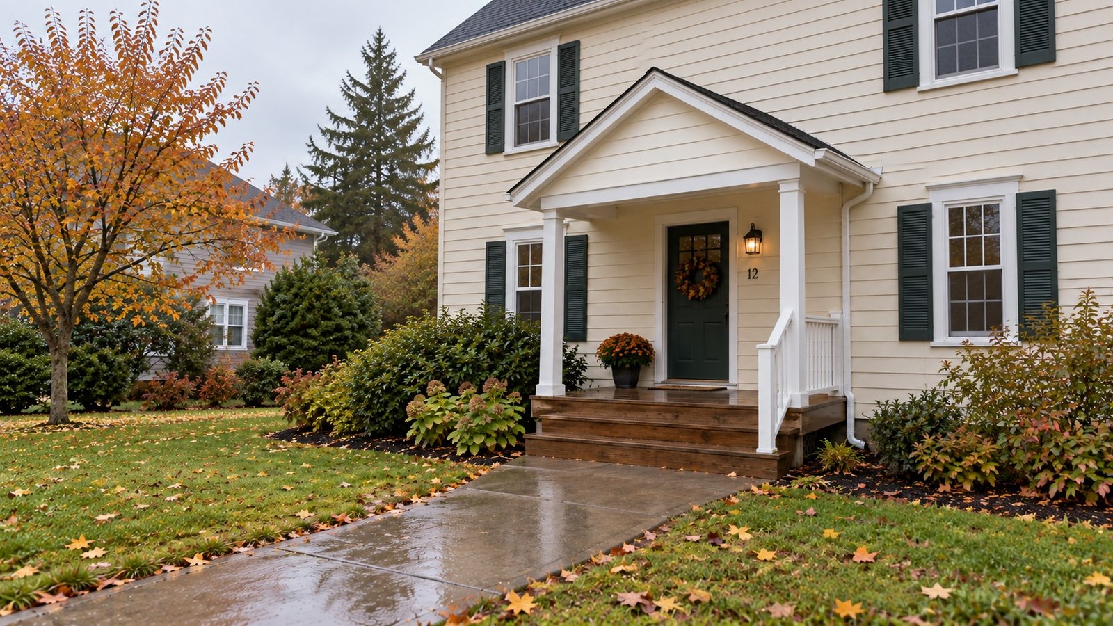 A complete modest house entry and concrete approach after light rain.
