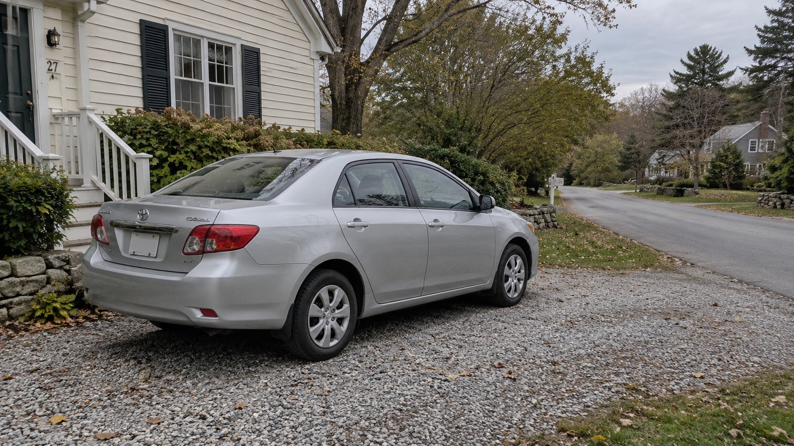 A complete ordinary car standing in a private residential drive.