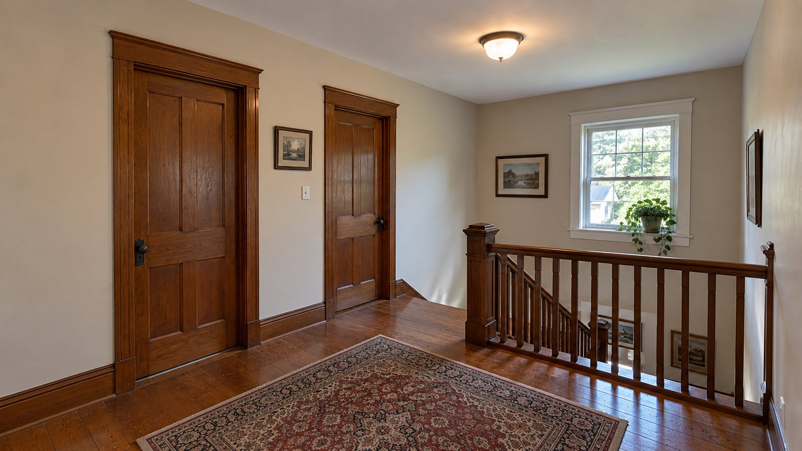 The route to an upstairs room Wooden upper-floor landing with two closed bedroom doors, a window and a banister beside one stair opening