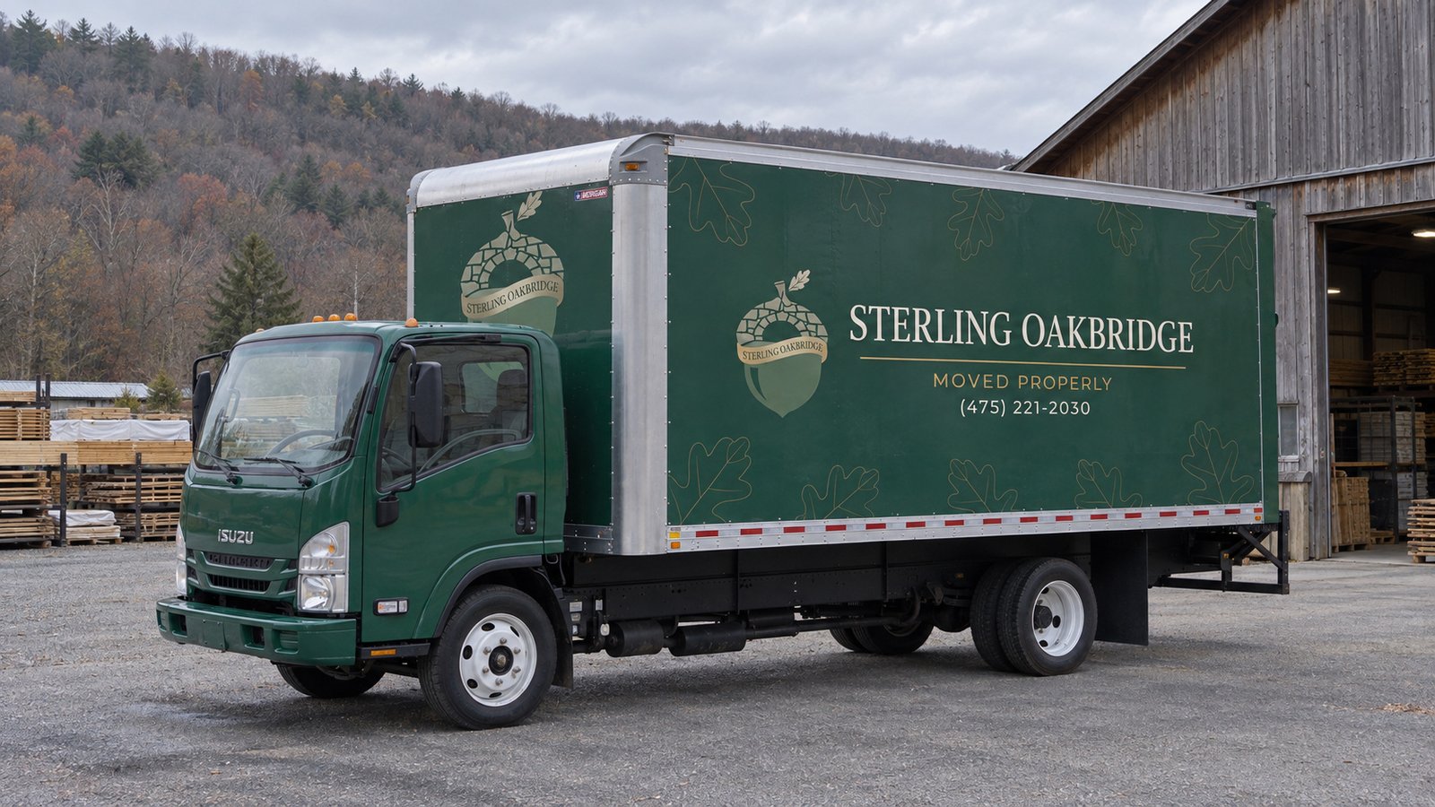 A moving vehicle and its standing area Dark green Sterling Oakbridge Isuzu NPR box truck on a paved private apron beside a timber barn