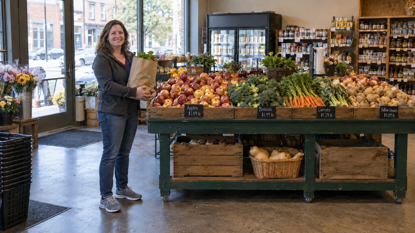 An ordinary shopping trip Woman holding a paper grocery bag beside a wooden display of apples and vegetables in a small shop