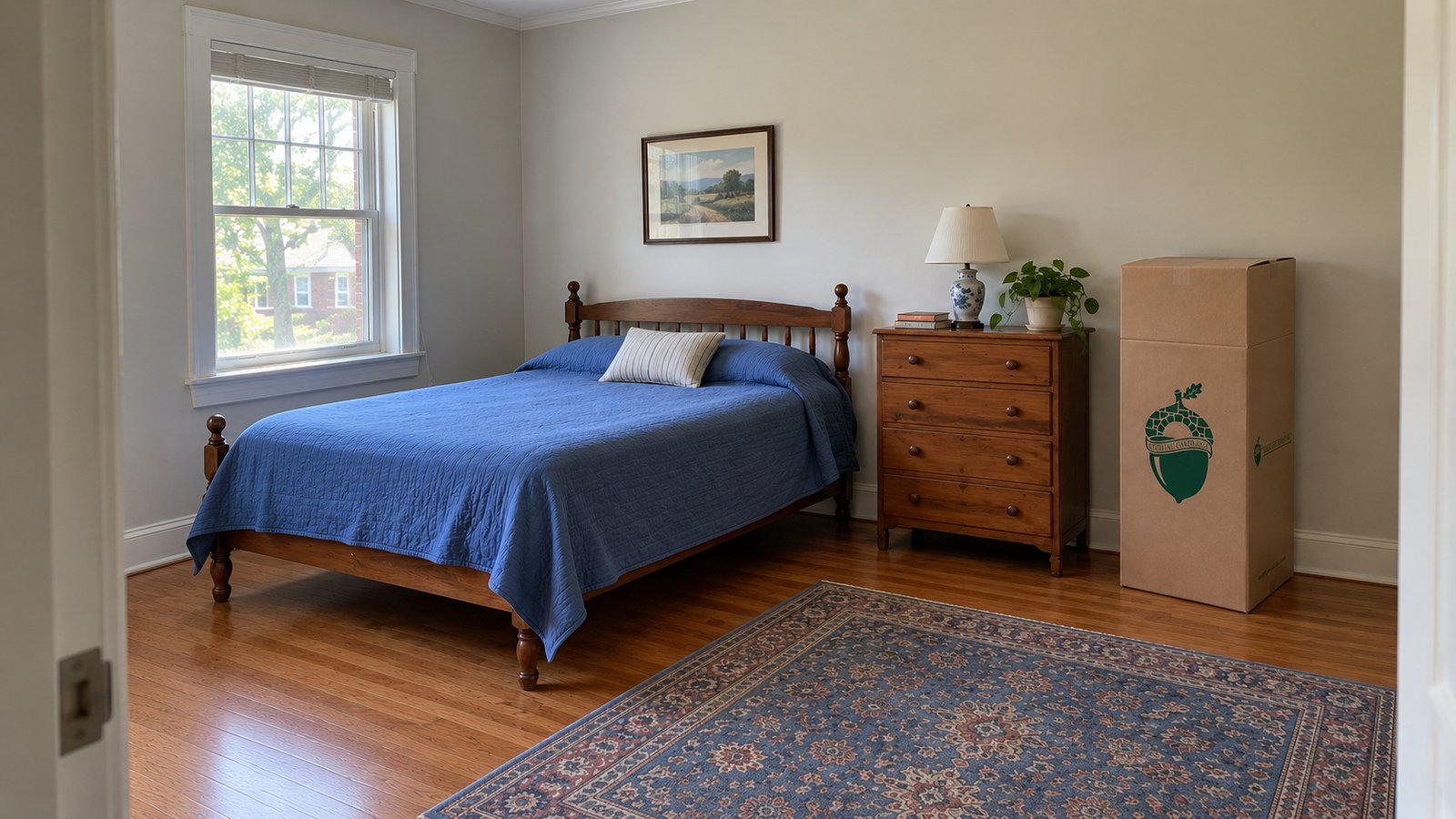 A bedroom prepared for moving Wooden bed with a blue cover beside a dresser and one closed Sterling Oakbridge wardrobe carton