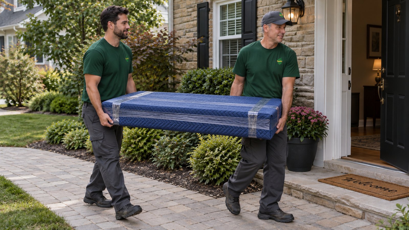 A protected piece on its way inside Two male Sterling Oakbridge movers carry a flat blanket-wrapped tabletop along a paved approach to an open entrance