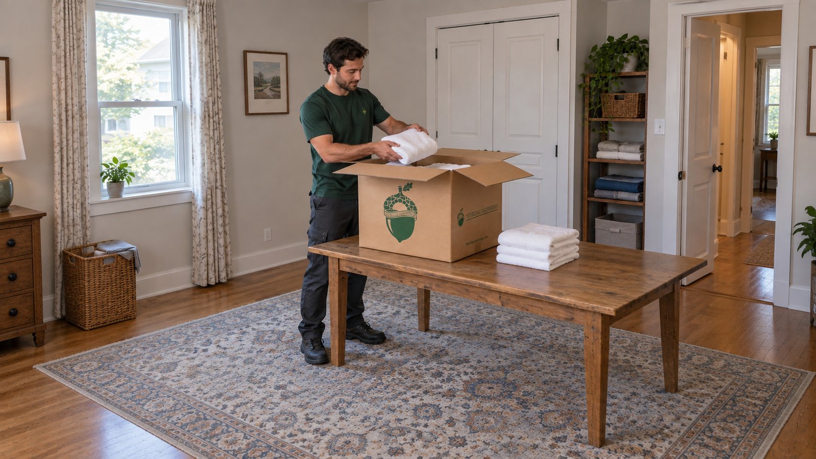 Preparing household linens Male packer in a green Sterling Oakbridge shirt places a folded towel in an open branded carton on a wooden table