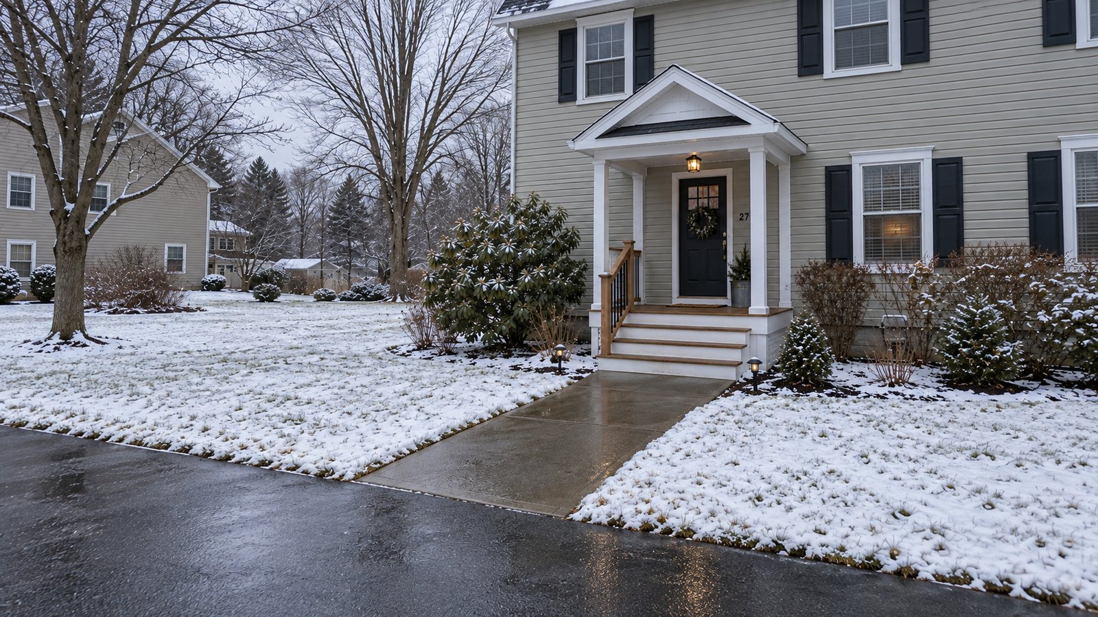 A clear winter approach Cleared wet paved walkway leading to four porch steps under a complete canopy, with thin snow on the lawn