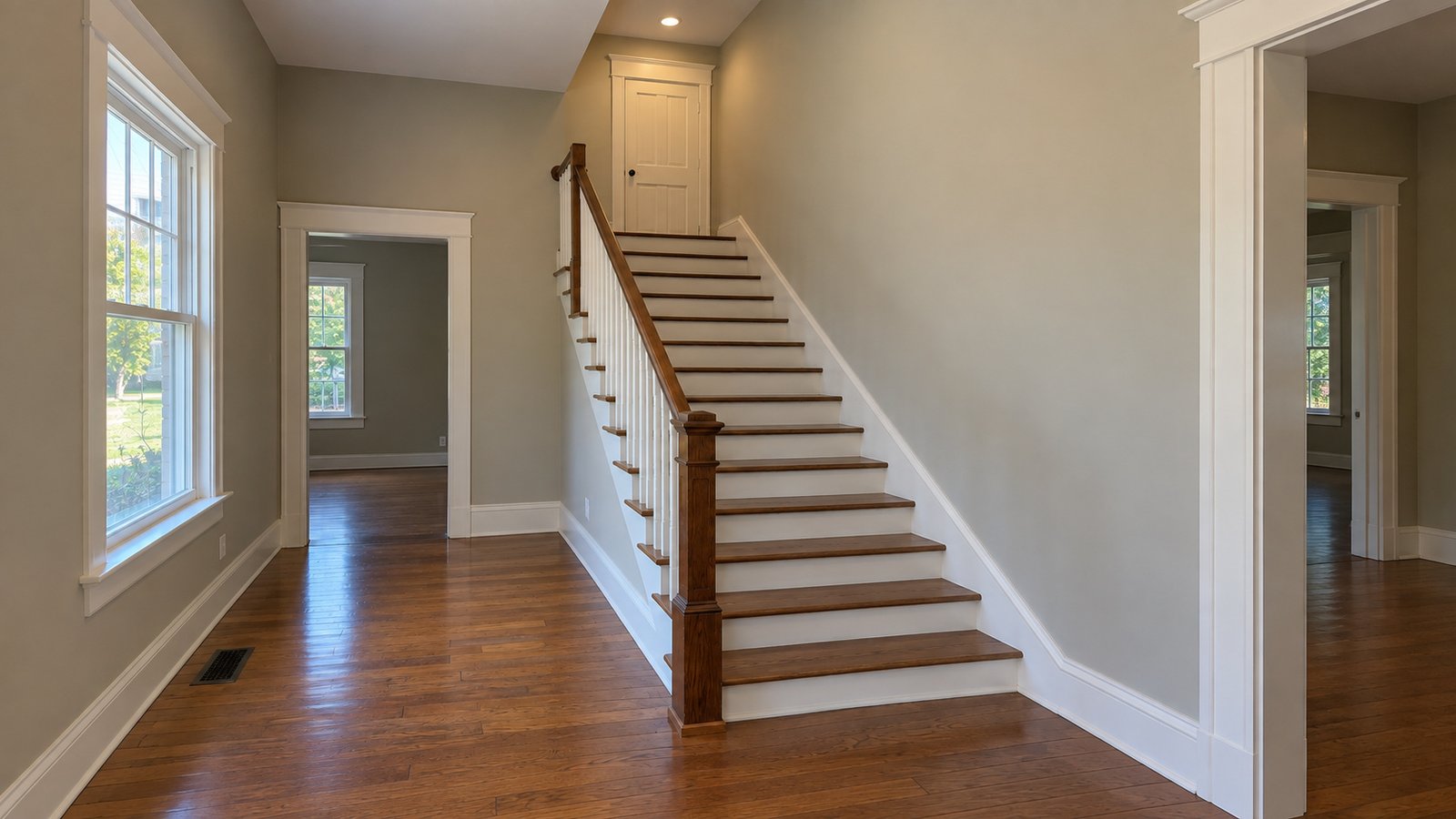 The route to the upper room A complete straight wooden staircase from a clear foyer to a closed upper door and landing.