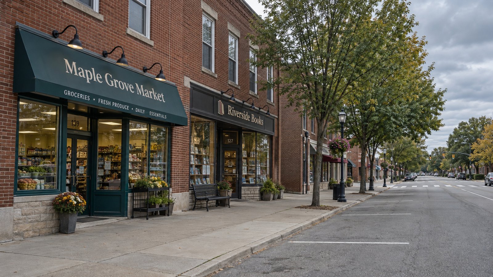 A continuous sidewalk beside brick storefronts and a small commercial street.