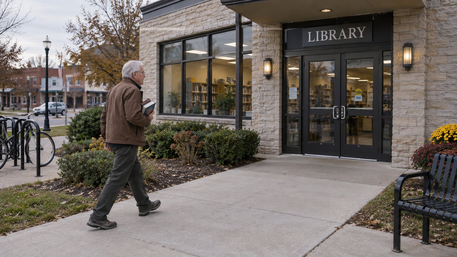 An older man carrying two books along a level path toward a small library entrance.