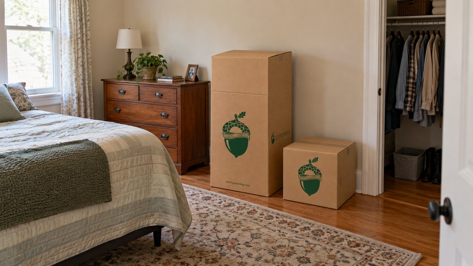 A bedroom with a tall closed branded wardrobe carton and a separate smaller closed kraft linen carton beside the wall.