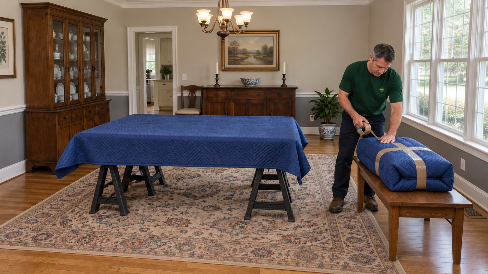 Prepare the complete furniture set A male mover taping one closed blue blanket bundle beside a fully protected detached tabletop supported by two trestles.