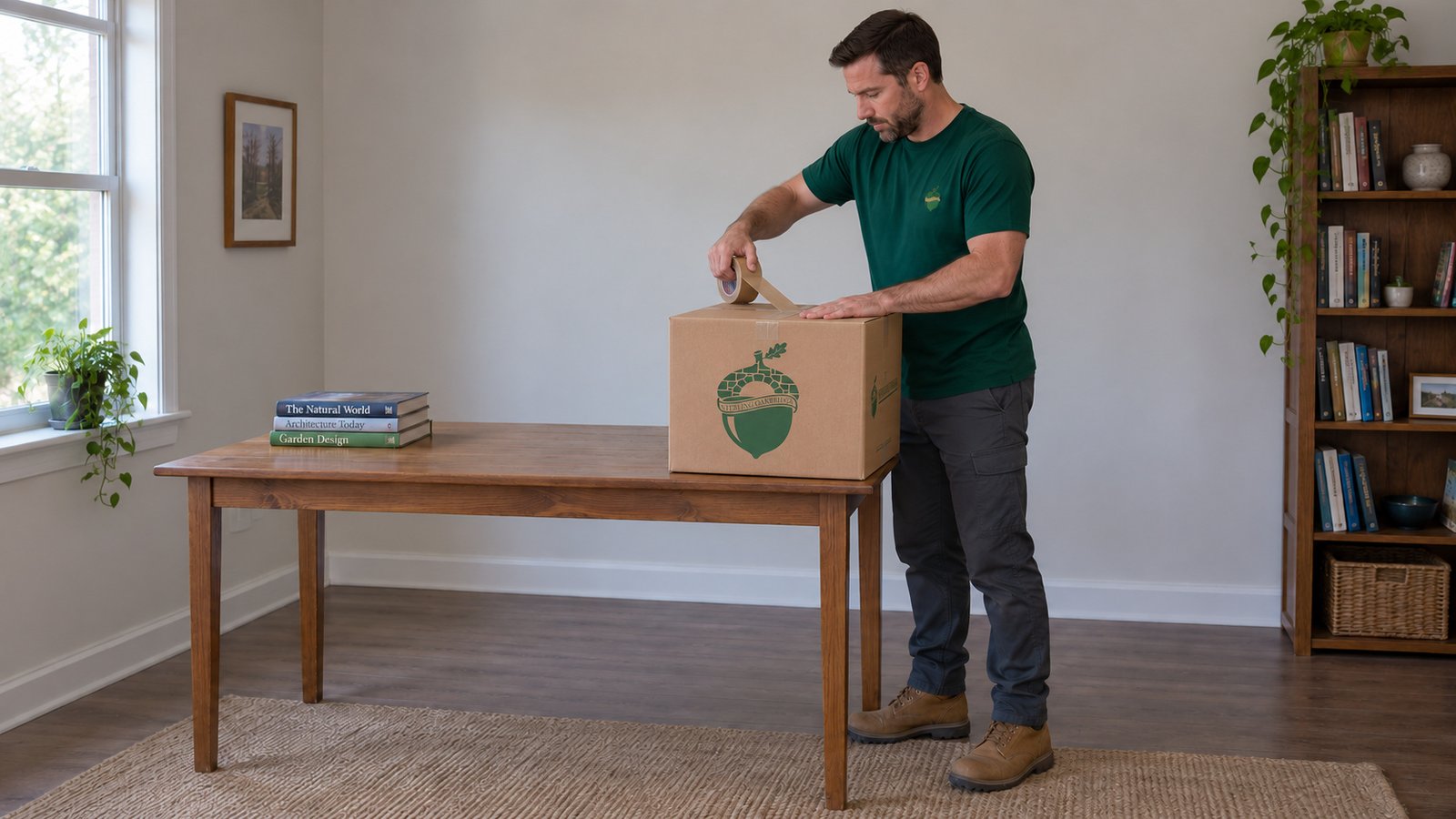 Finish one packing task A male packer in a green company shirt applying brown tape to a closed small kraft book carton on a wooden table.