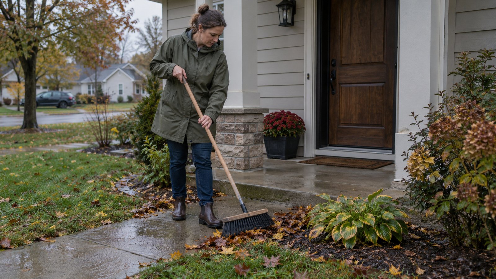A woman sweeping wet leaves off a paved entrance path with a long-handled broom.