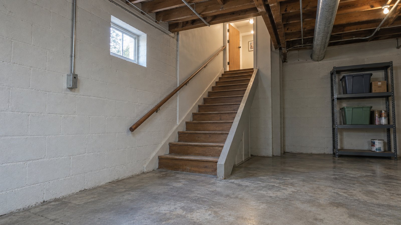 Trace the basement route An empty basement staircase with a handrail, open upper door and clear concrete turning floor.