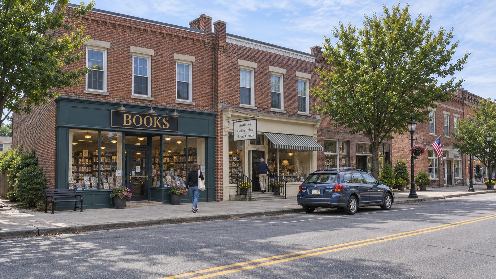 Compare the destinations you need A whole brick bookshop frontage, two pedestrians and a parallel-parked blue station wagon.