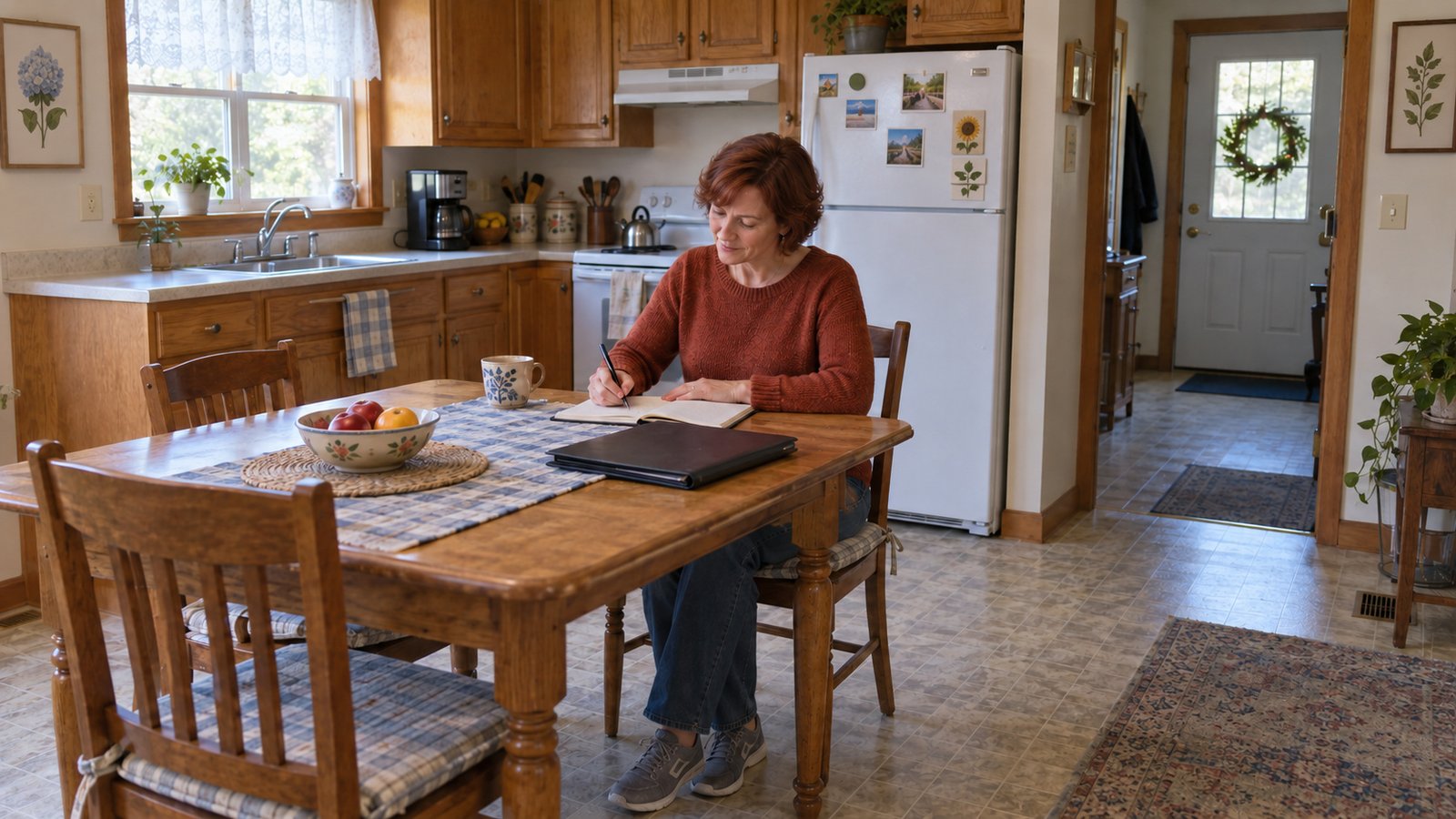 Organize the first-week confirmations A woman writing in an open notebook at a kitchen table beside a closed folder.