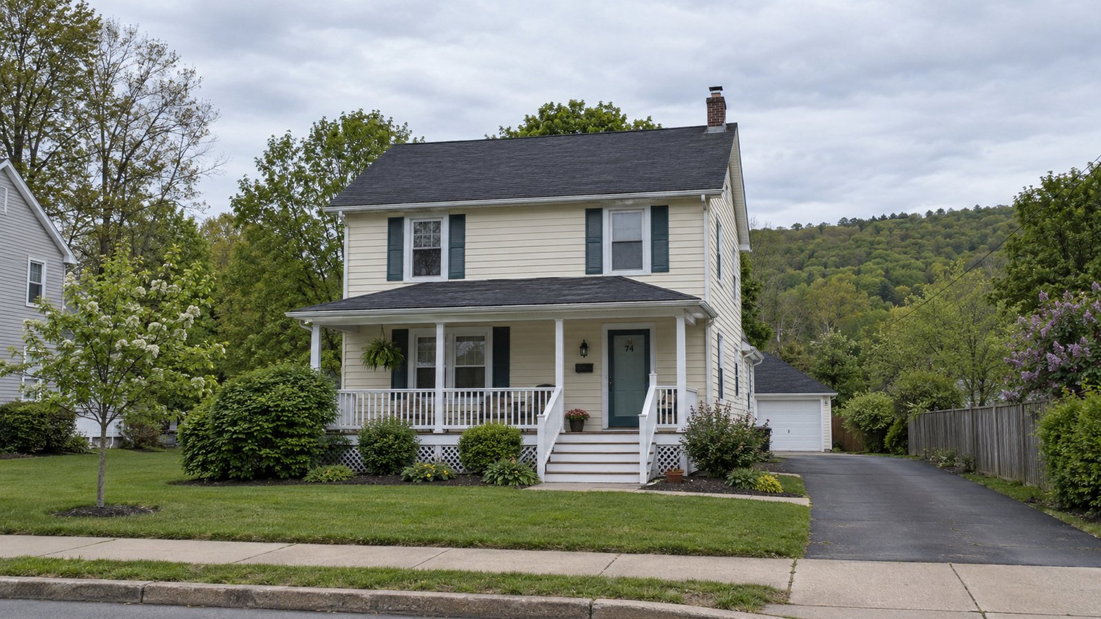 Check the outside approach A whole cream clapboard home with a front porch, connected steps and a side driveway.