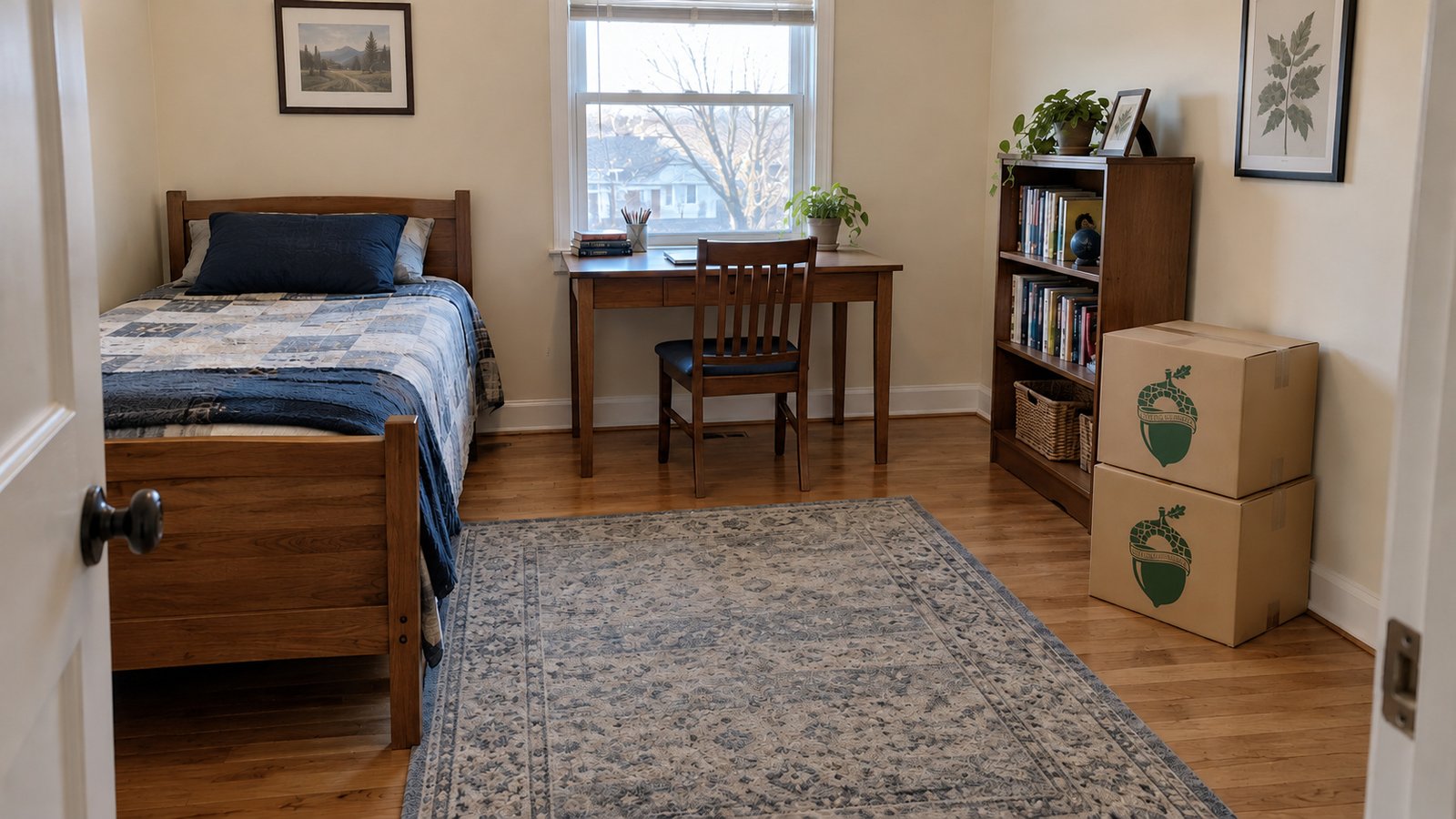 Keep the receiving room usable A twin bed, desk and bookcase with two closed compact kraft Book cartons stacked beside the bookcase.