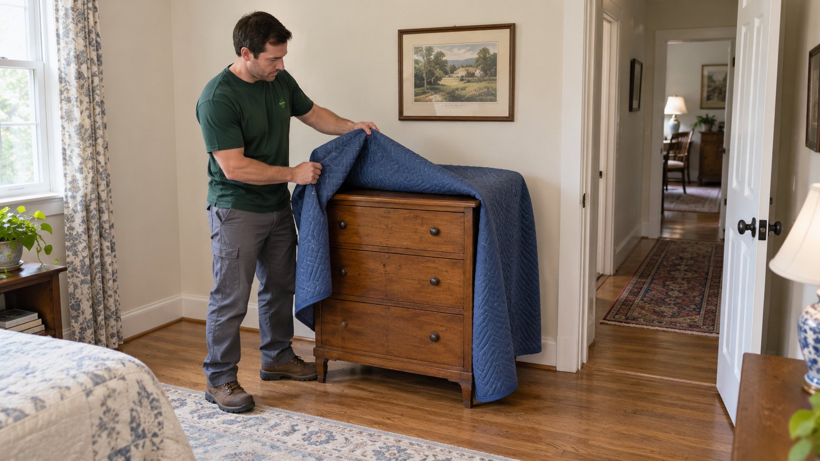 Prepare furniture for its receiving room A male mover lifting a loose blue quilted blanket from a three-drawer wooden chest.