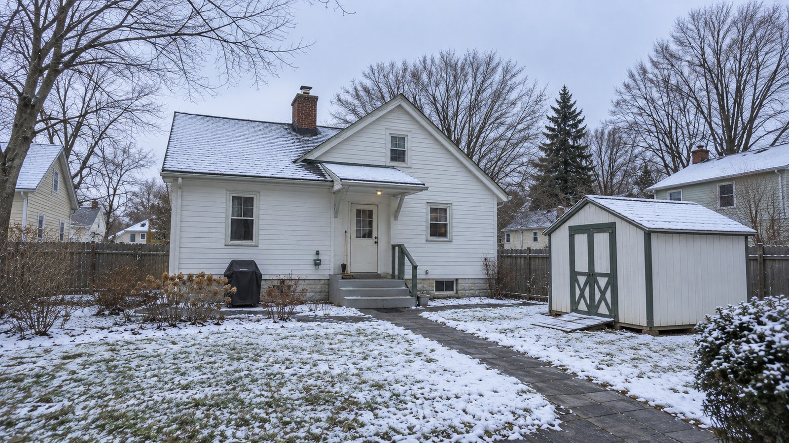 Prepare the entrance for the date A whole small clapboard home and detached shed beside a cleared path after light snow.