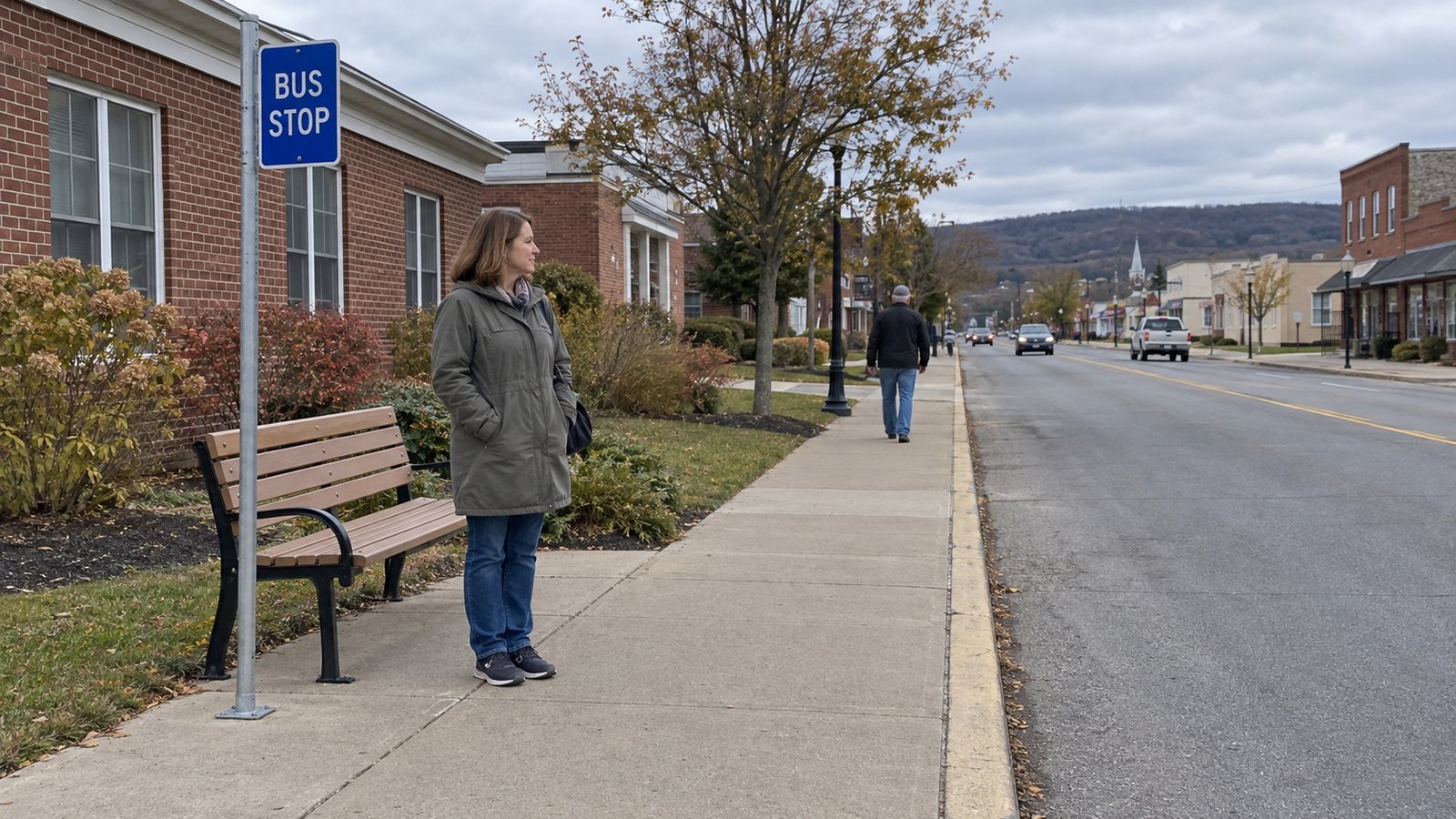 Check the whole transit journey A woman waiting beside a complete bench and plain bus-stop sign along a continuous sidewalk.