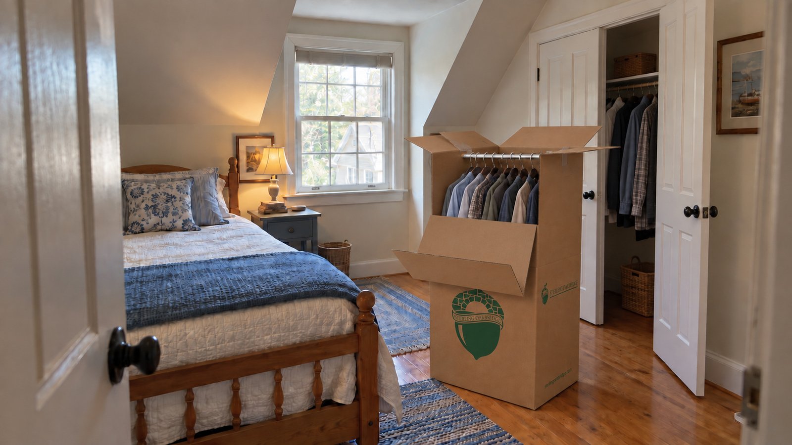 An open Sterling Oakbridge wardrobe carton stands on the floor beside a bed and an open clothes closet.