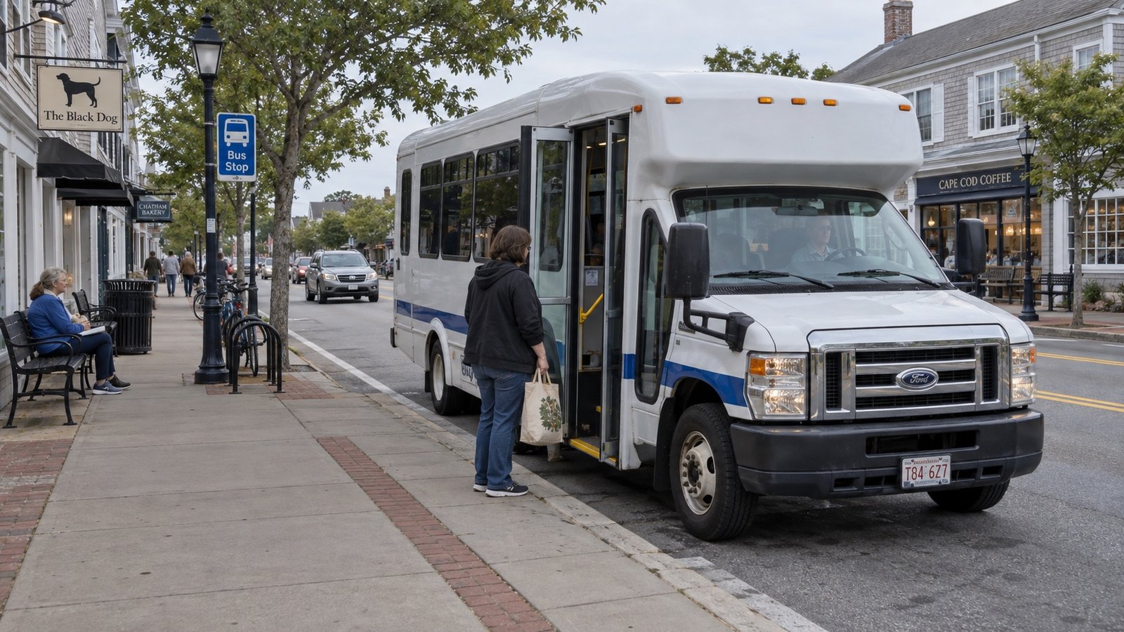 White and blue shuttle bus beside a town sidewalk, with passengers and bicycles nearby.