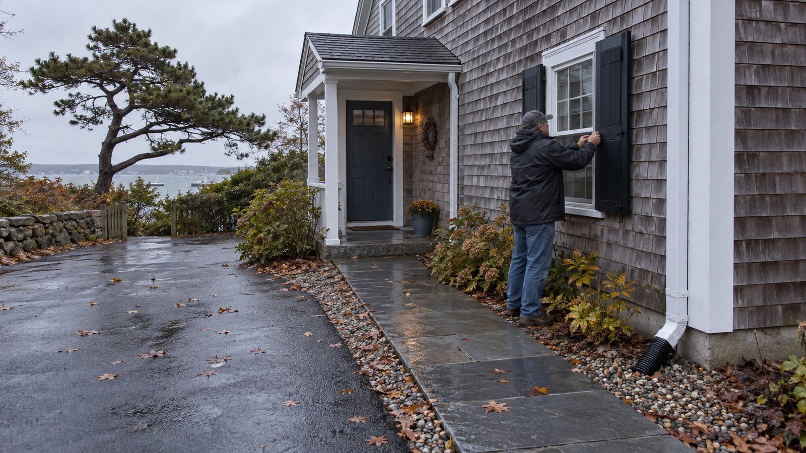 Rain-damp path beside a cedar-shingle house, with a resident adjusting a shutter and a downspout draining onto gravel.