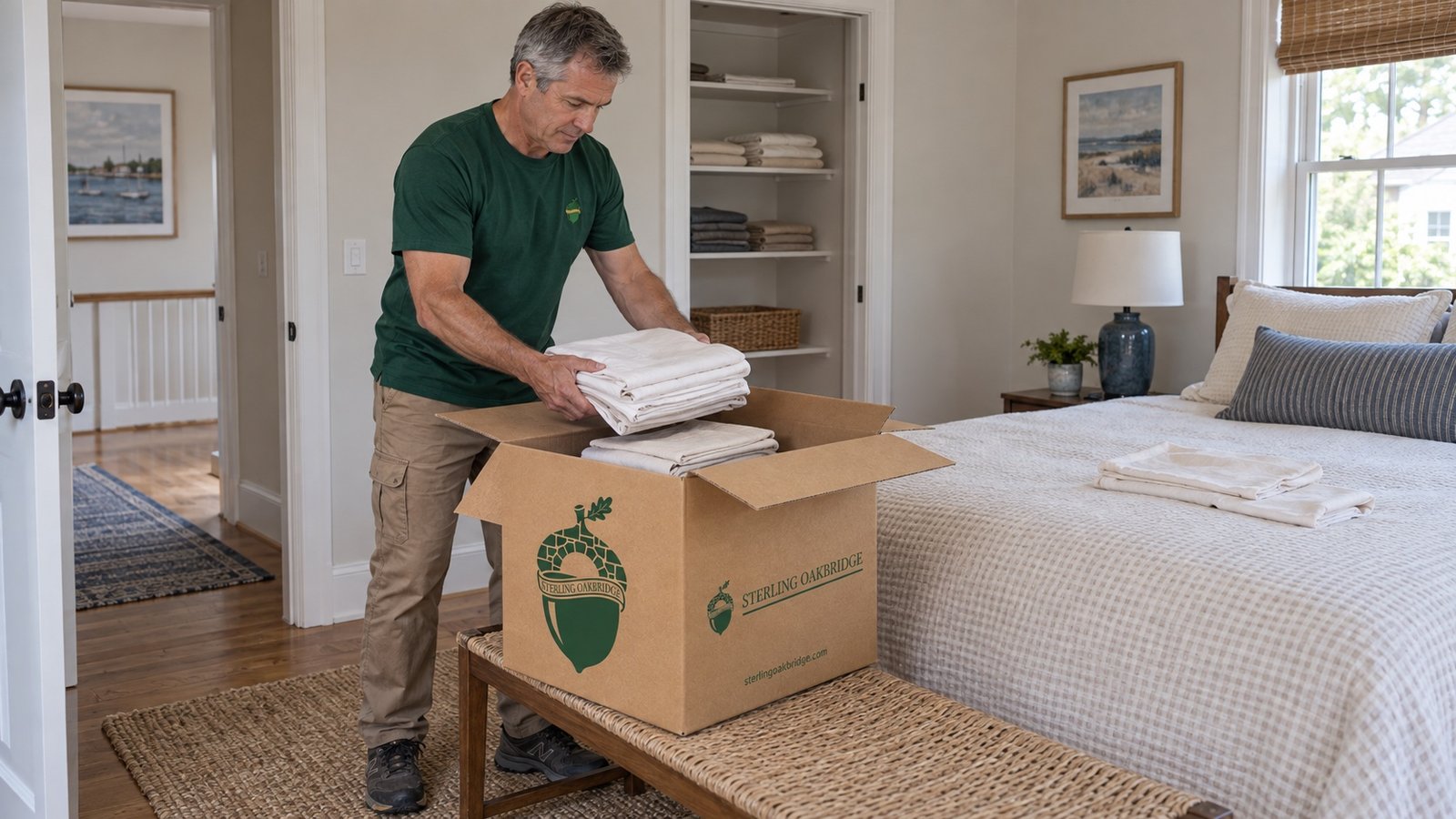 Packing linen on a bedroom bench Mover folding household linens into a medium kraft Sterling Oakbridge carton beside partially emptied shelves.