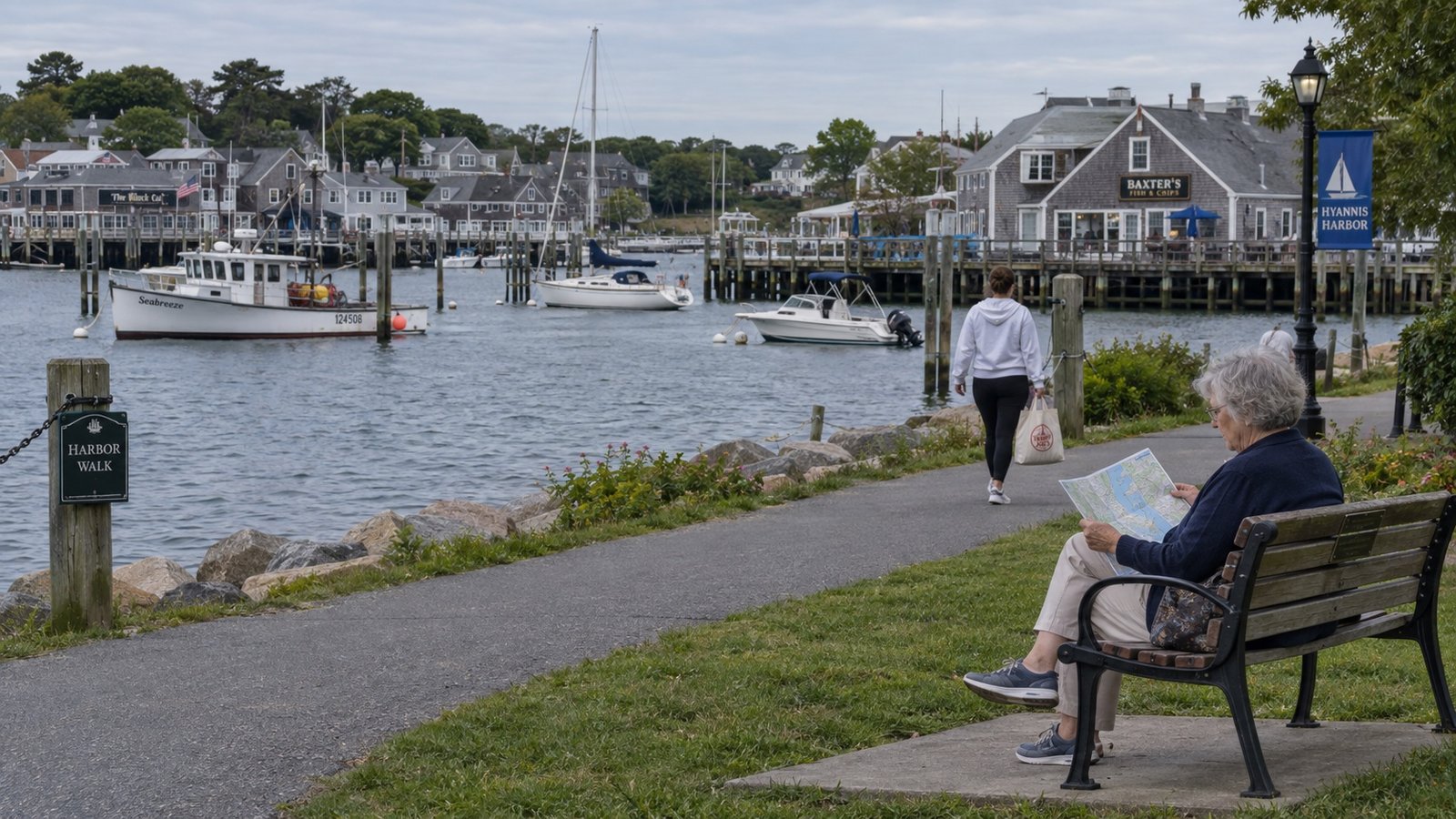 Woman reading a map on a waterfront bench near a pedestrian path and harbor boats.