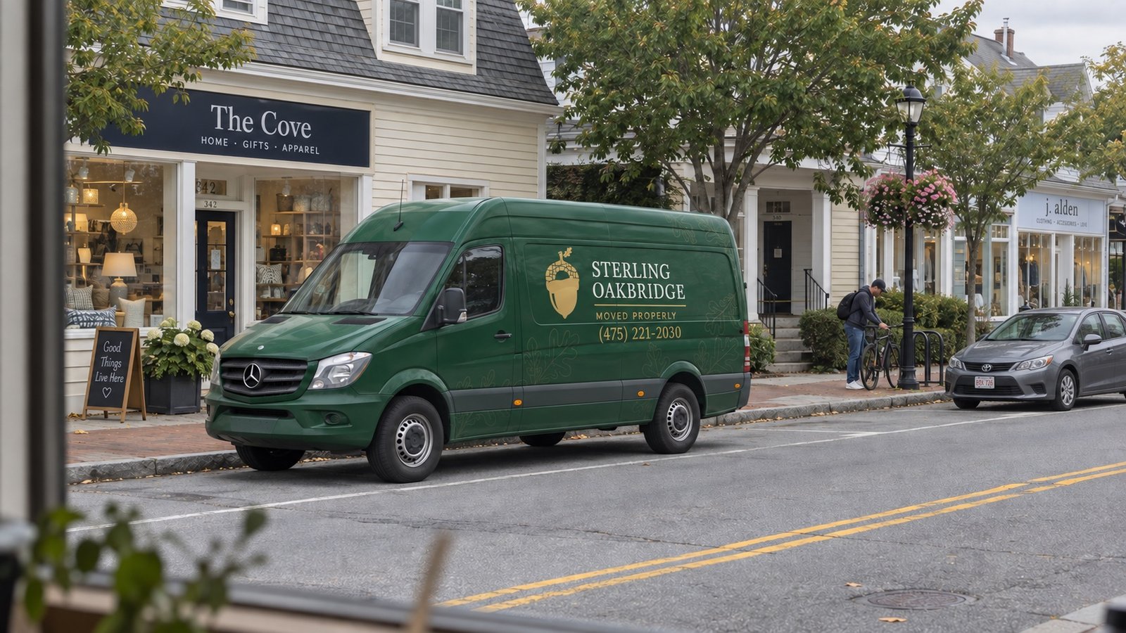 Green Sterling Oakbridge Sprinter and a gray car parked along a commercial street, viewed through a shop window.