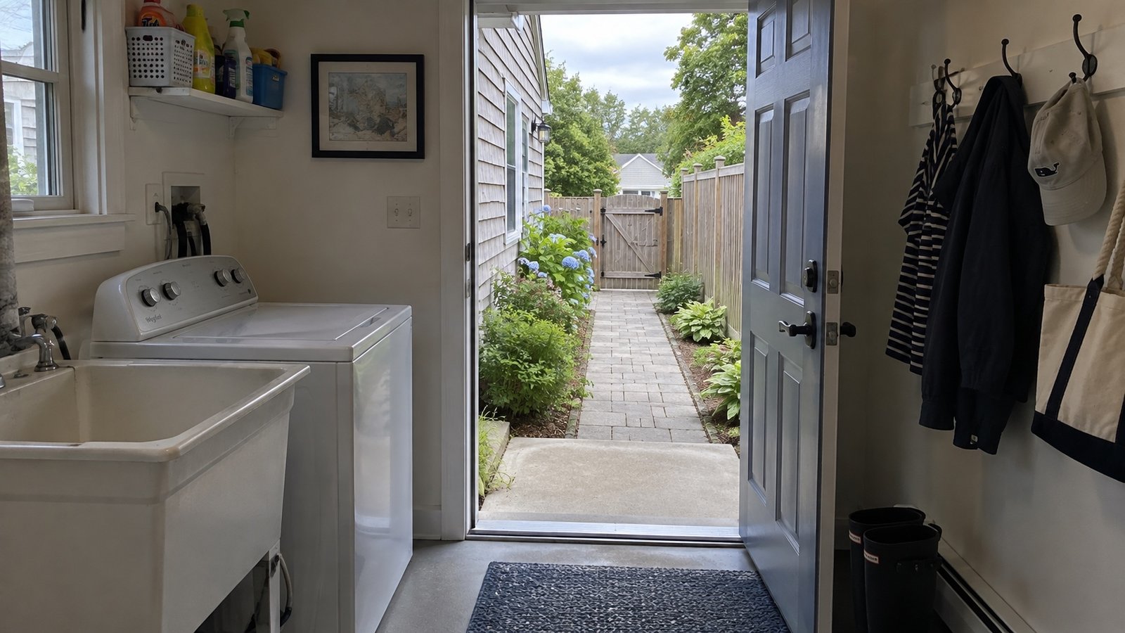 Utility room with an open exterior door leading to a paved side path and a closed garden gate.