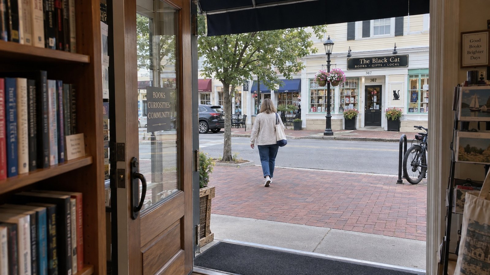 View through an open bookshop door toward a brick sidewalk, a pedestrian and small shops.