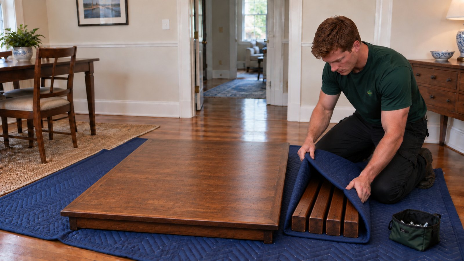 Mover folding one blue moving blanket around four matching detached table legs beside the protected tabletop.