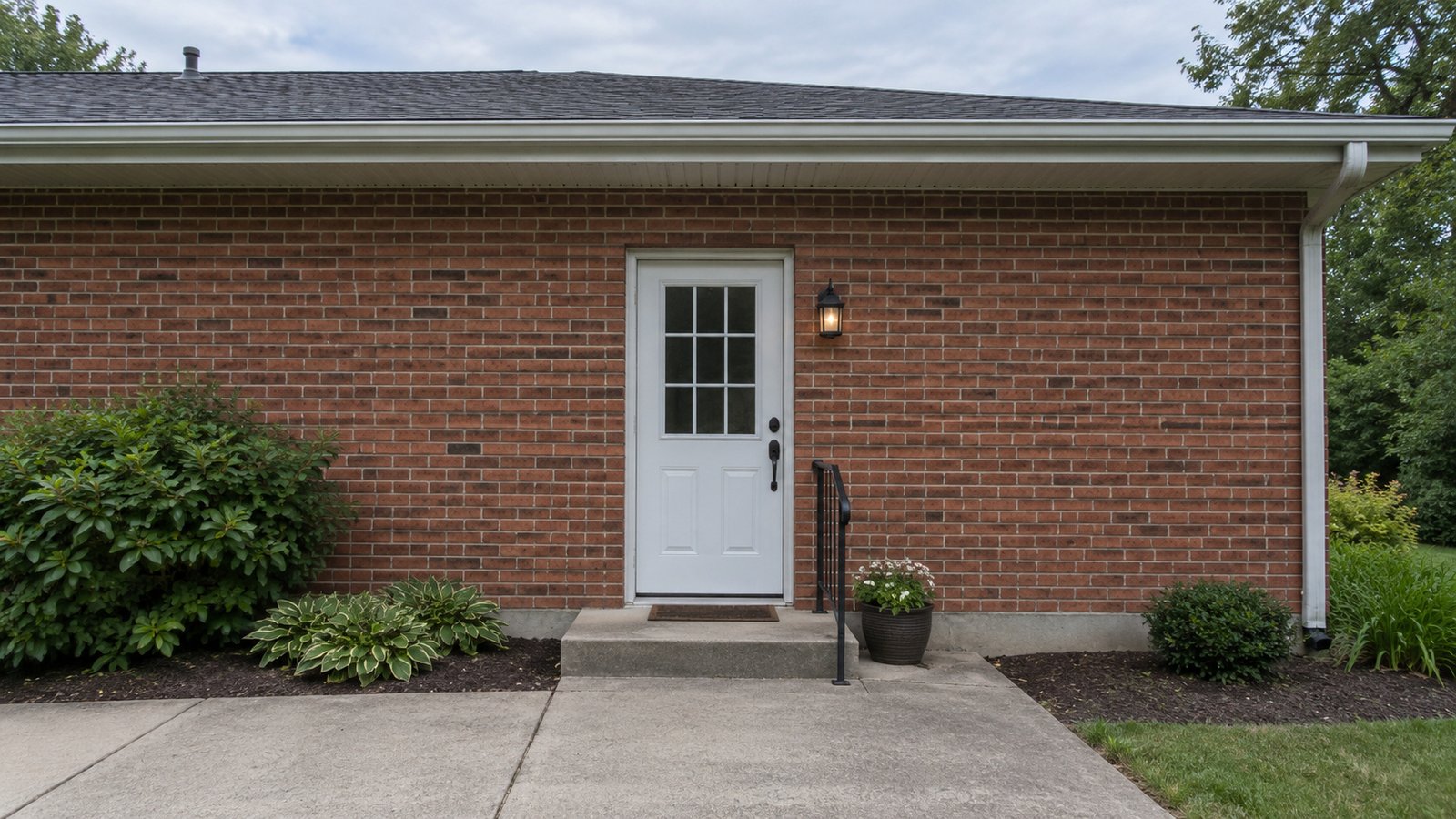 Review the complete entrance A whole white side door in a brick house with a shallow concrete step and a dark metal handrail.