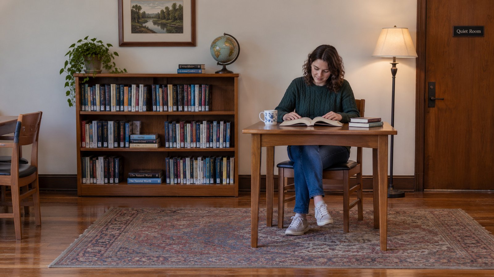 Make room for everyday routines A woman reading at a complete wood table beside a low bookcase in a modest reading room.