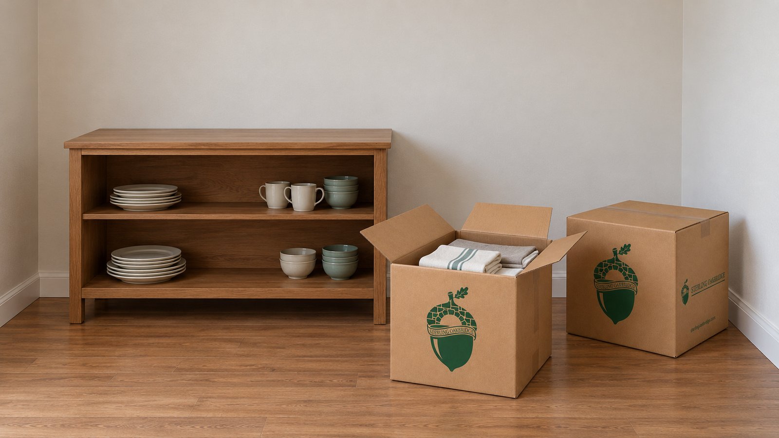 Plan storage and unpacking space A whole low wood cupboard beside an open and a closed kraft Sterling Oakbridge carton containing folded tea towels.