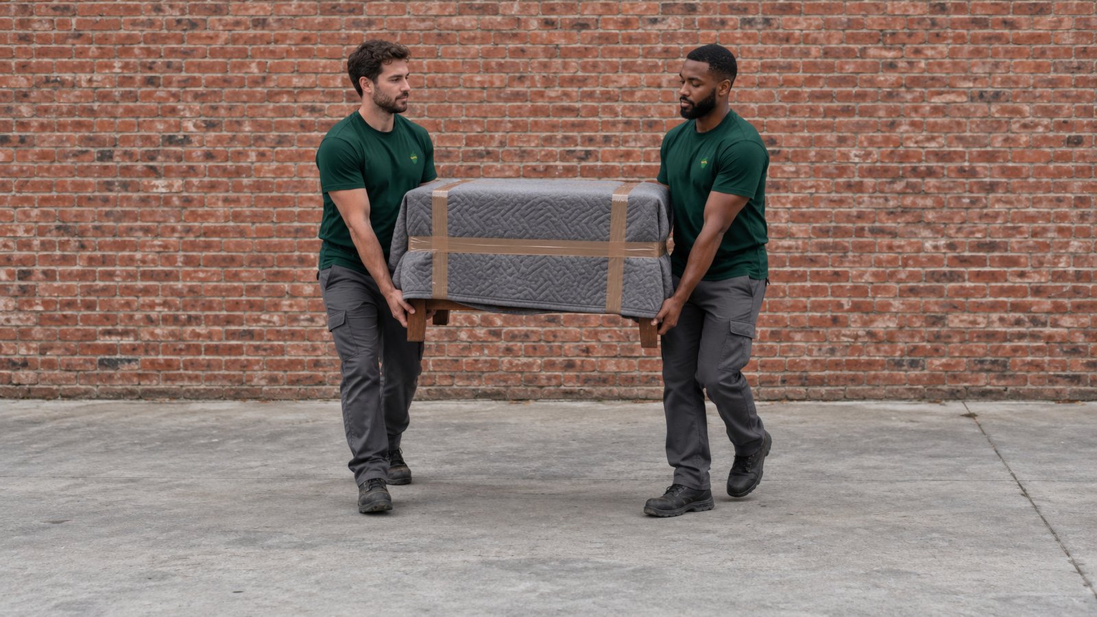Handle the agreed furniture load Two male movers in green Sterling Oakbridge shirts carrying a small wooden table protected by a gray blanket and brown tape.
