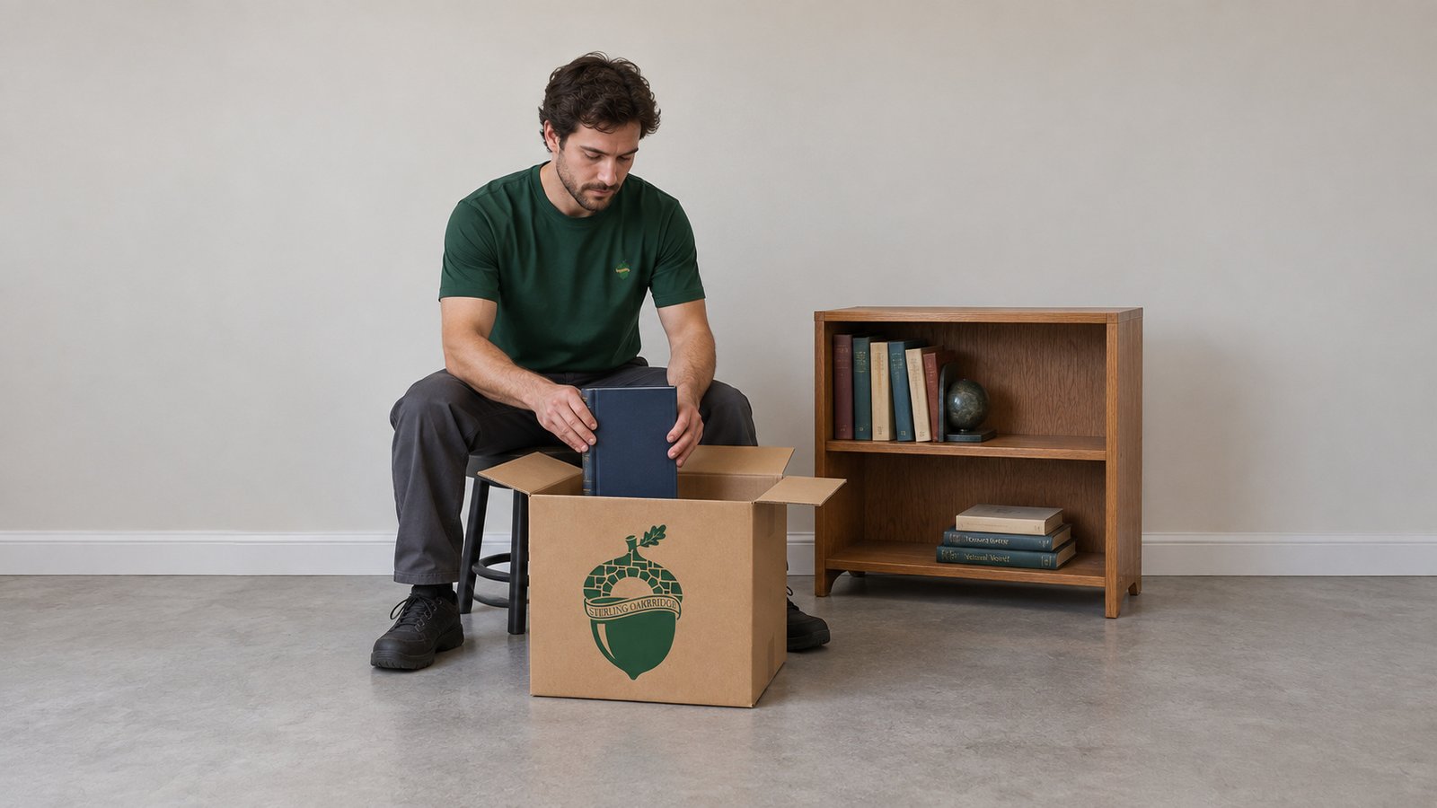 Keep books in a small carton A seated male mover in a green Sterling Oakbridge shirt lowering one hardcover book into a small kraft carton beside a low bookcase.