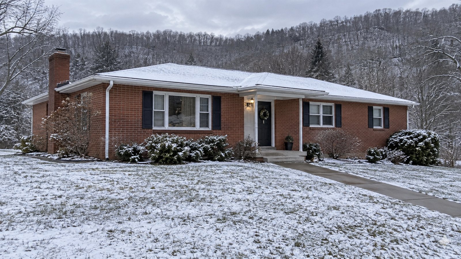Prepare the entrance for the season A whole red brick ranch home after light snow, with a cleared front path and wooded hills behind.