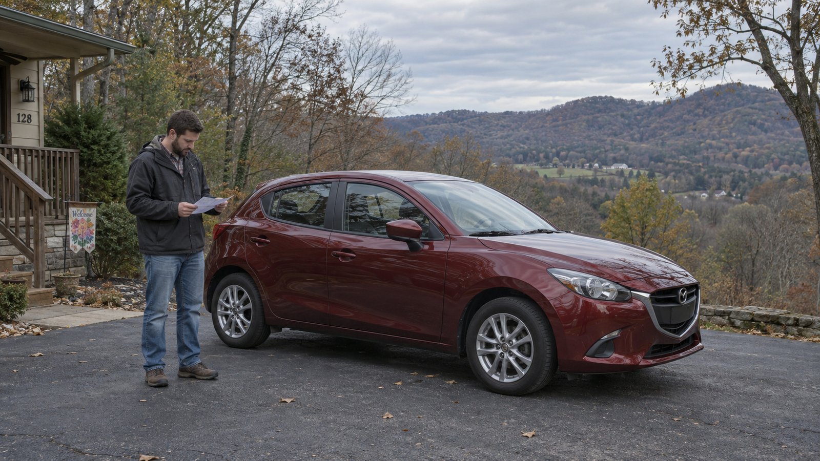 Plan your own journeys A man in an everyday jacket reading a paper route note beside a complete dark red hatchback.