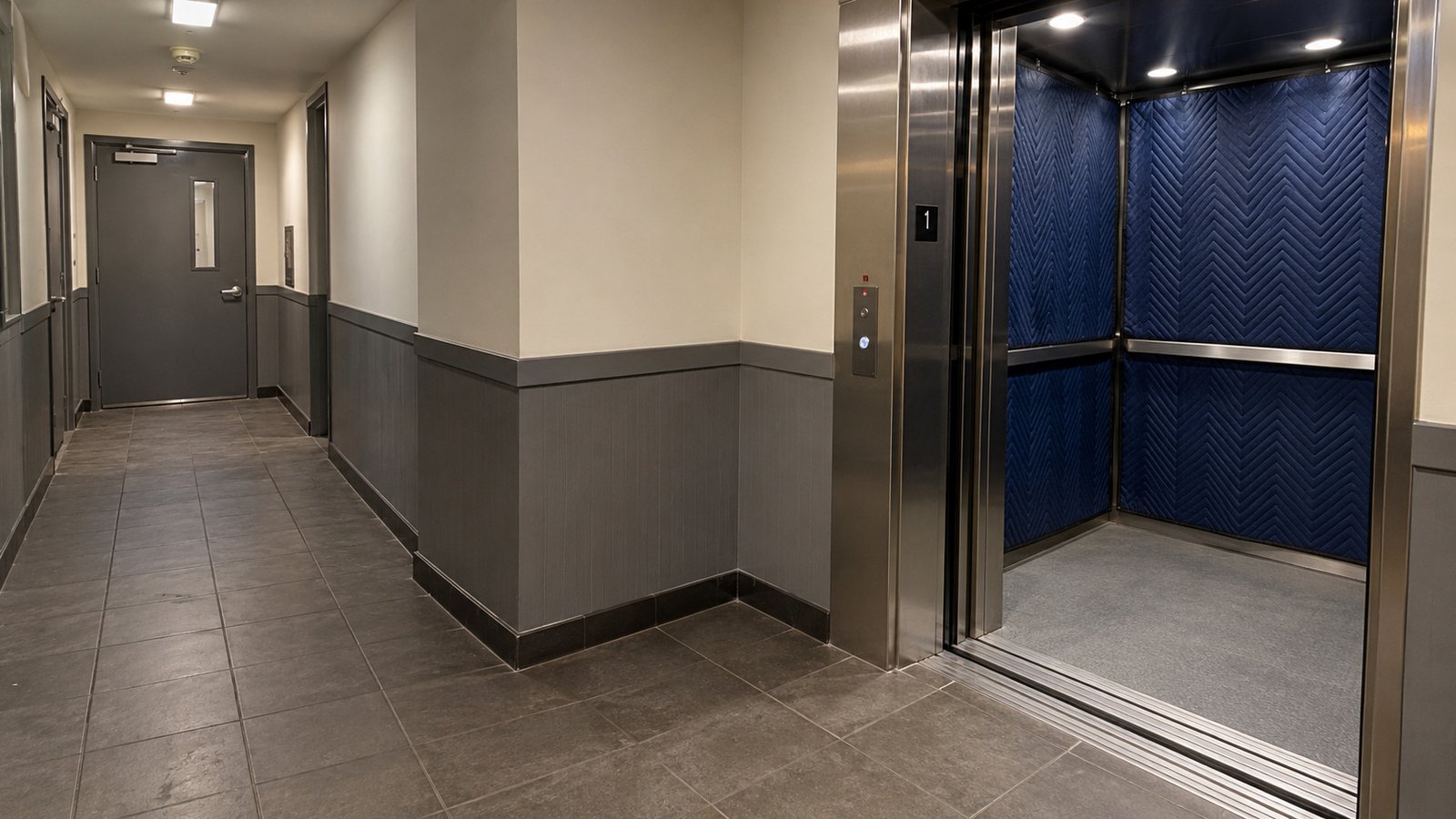 The route to the moving elevator Empty building corridor turning toward an open padded elevator.