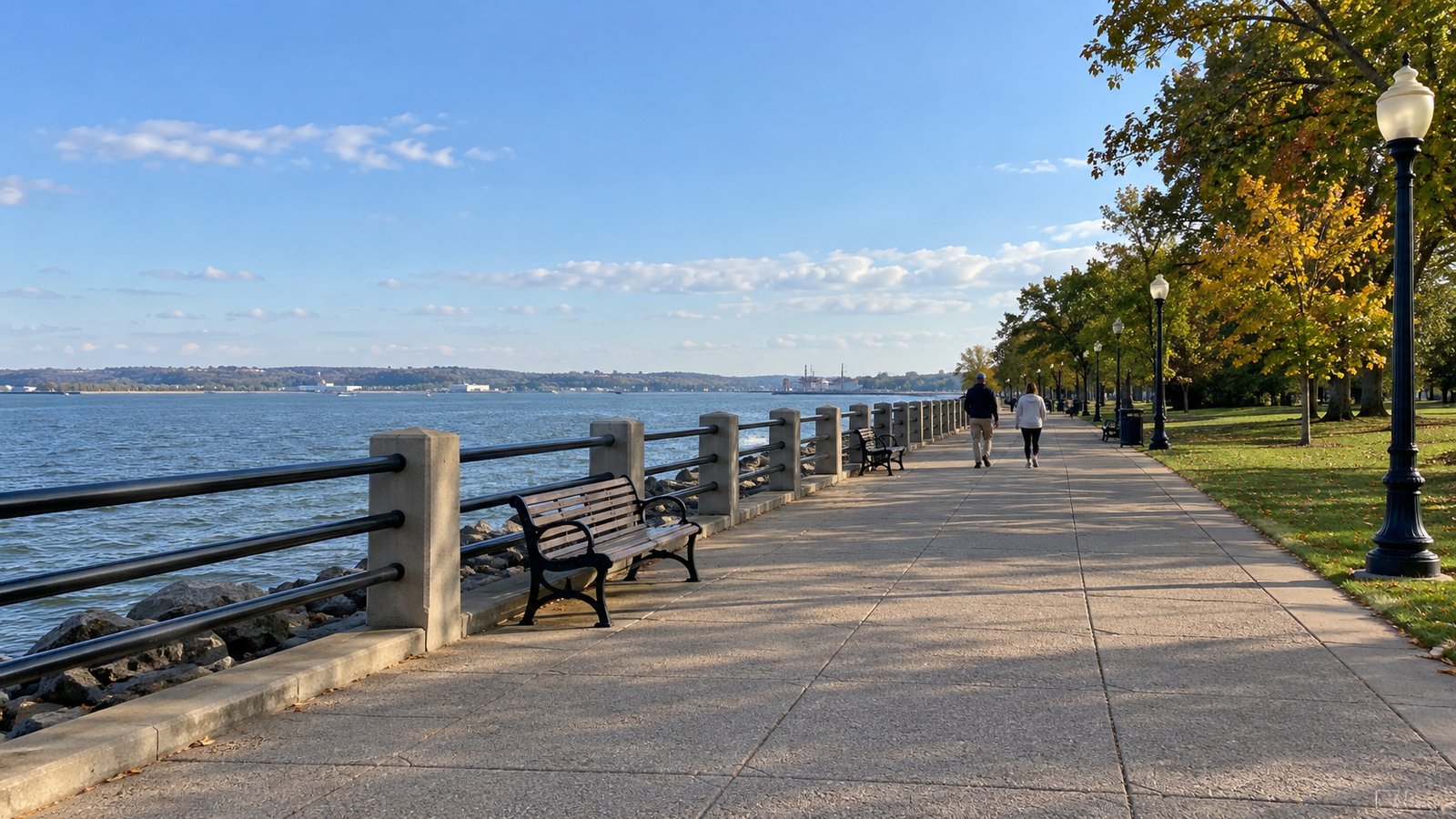 Walkers on a paved waterfront promenade beside railings, benches and autumn trees.