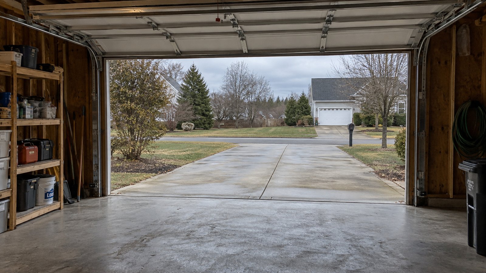 Check an alternative entrance View from a garage through a fully raised overhead door toward a level concrete driveway