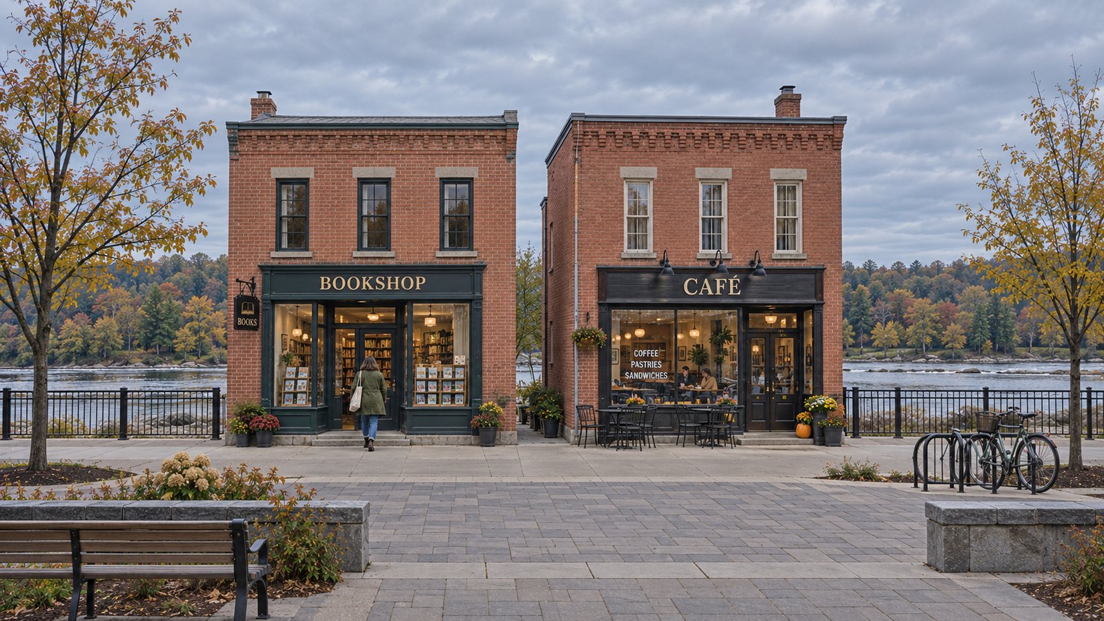 Explore the daily routine Two brick storefronts, a bookshop and cafe, beside a riverfront plaza, with a woman approaching the bookshop